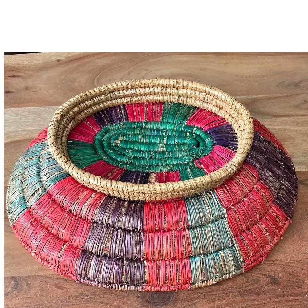 Colorful Vintage Boho Oval Hand Woven Basket Bowl Coiled African Footed Artisan